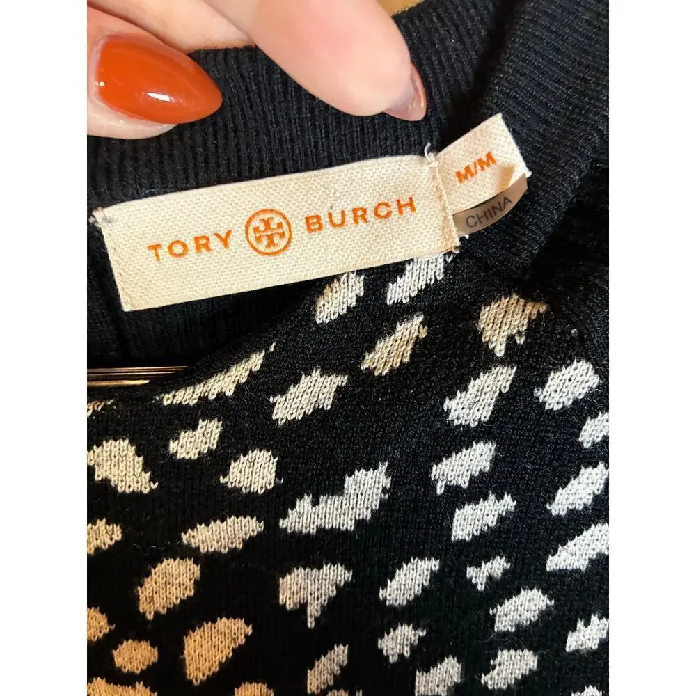Tory Burch Merino Wool Gemma Leopard Print Dots Sweater Dress M Mob Wife Winter